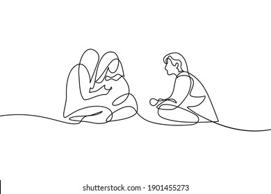 Young people communicate in casual settings. Friends rest and talking. Continuous line art drawing style. Minimalist black linear design isolated on white background. Vector illustration