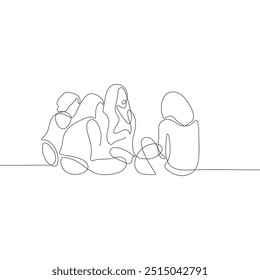 Young people communicate in casual settings. Friends rest and talking. Continuous line art drawing style. Minimalist black linear design isolated on white background. Vector illustration.