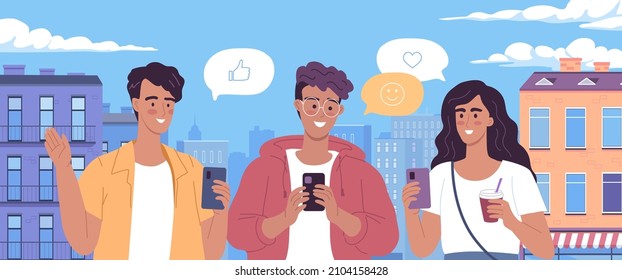 Los jóvenes se comunican en línea a través de una aplicación móvil. El paisaje urbano moderno y la ilustración vectorial de las personas