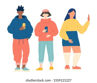 Young people communicate online using smartphones, millennials in a modern style. Chatting friends. Isolated vector illustration on a white background.