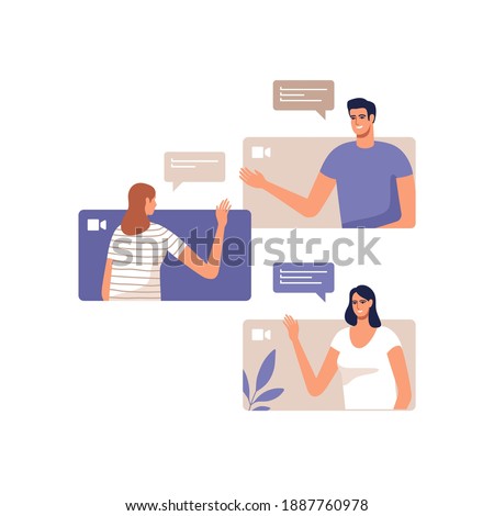 Young people communicate online using a mobile devices. Concept of video call conference, remote working from home or online meeting. Vector illustration.
