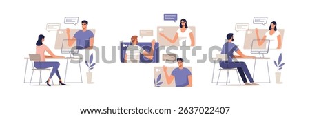 Young people communicate online using desktop computers or mobile devices. Concept of video call conference, remote working from home or online meeting. Vector illustration.
