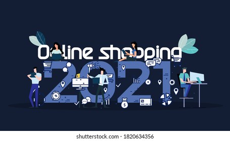 Young people  Communicate  social media  Business/Finance Text Online shopping 2021 -  Creativity modern Idea and Concept illustration vector.
