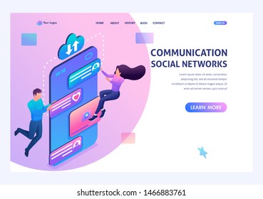 Young people communicate in social networks through the app on the phone. Concept of modern technology. Landing page concepts and web design