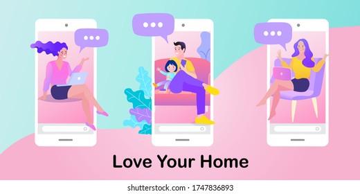 Young people are communicating through the internet. Man and woman talking online from your home. Male and female modern character video call each other from internet. Illustartion in flat style.