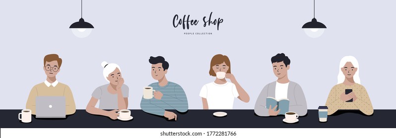 Young people communicating and working at modern coffeehouse . Man, woman and group of people sitting on long table use laptop at cafe. Coworking, Front view. Flat minimal vector illustration.