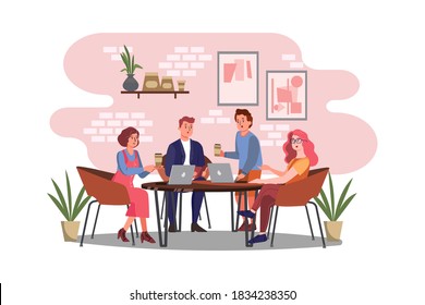 Young people communicating and working at modern coffeehouse.