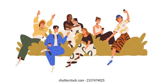 Young People Community, Group. Happy Friendly United Youth, Zoomers Together. Gen Z Society Life, Communication, Relationships, Network. Flat Graphic Vector Illustration Isolated On White Background