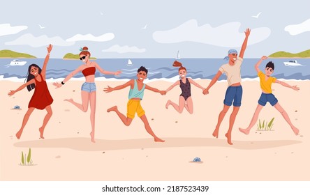 Young people company jumping on beach, happy friends on sea vacations, vector background. Family friends on summer holiday jumping at beach, young boys and girls having fun at seaside on travel