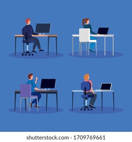 young people with computer in desk vector illustration design