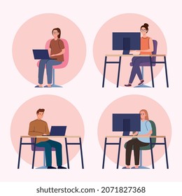 young people with computers in workplace