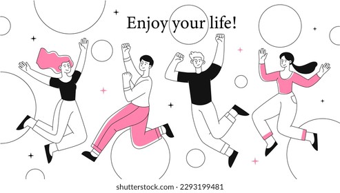 Young people concept. Men and women celebrating against backdrop of circles. Linear happy characters in outer space. Positivity and optimism. Trendy hipsters. Cartoon flat vector illustration