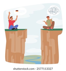 Young people confused cartoon characters having problem in different language understanding scene. Puzzled guys feeling confusion in complexity conversation due national diversity vector illustration