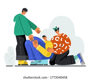 Young people console a sad guy, helping hand. The concept of empathy. Vector stock illustration. Flat design. Isolated on a white background.