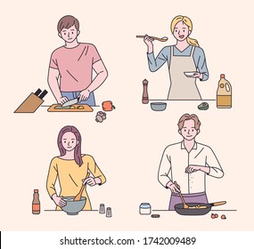 Young people are cooking various dishes. flat design style minimal vector illustration.