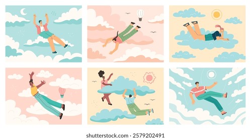 Young people and couples soaring in clouds. Cartoon guys, girls in free flight, dreaming characters in sky, inspirational cards, vector set