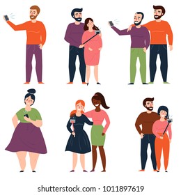 Young people and couples are taking selfie for instagram or social media, using selfie stick or holding camera in hand. Man and woman, two girls, guys, single oversized lady. Vector illustration