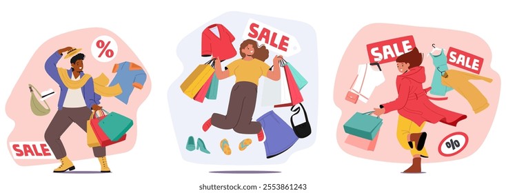 Young people crazy shopaholic cartoon characters rejoicing seasonal sale at clothing boutique store. Fashionable guys shoppers feeling excited to buy garment with discounts vector illustration