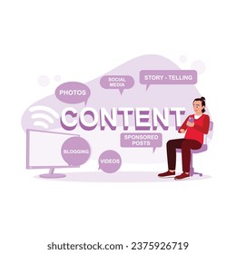 Junge Menschen schaffen Inhalte in sozialen Medien. Fotoinhalte, Geschichtenerzählen, Video, Blogging. Blog Creation Konzept. Trend Moderne Vektorgrafik