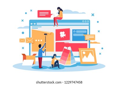 Young people create web site design. Concept online workplace, man and woman at work, employee, administrator, landing page. Vector illustration.