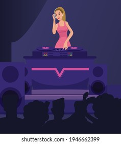 Young people crowd dencing on dance floor. Cartoon girls and boys in nightclub. Nightlife on disco party vector concept. Disco music night club, performance and entertainment, DJ and activity