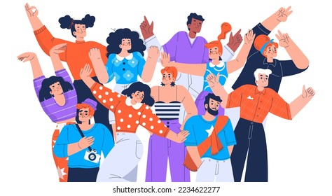 Young people crowd, group of friends, students community or team. Diverse stylish characters, happy men and women in different poses isolated on white background, vector hand drawn illustration