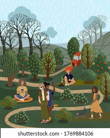 Young people culturally relax in the park in the summer in the warm rain. Two take a selfie, a girl walks with a cat, and the other in a lotus position meditates. Dude is planting a plant.