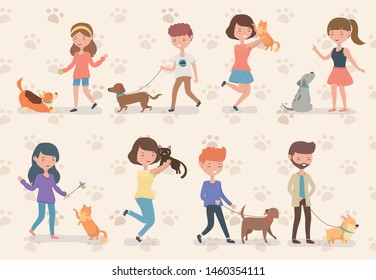 young people with cute little dogs and cats mascots