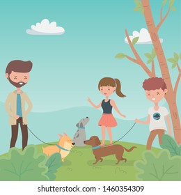 young people with cute little dogs mascots in the field