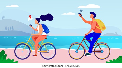 Young people cycling and using smartphones. Navigation, bicycle, network flat vector illustration. Travel and communication concept for banner, website design or landing web page