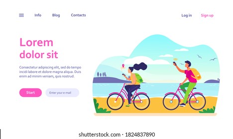 Young people cycling and using smartphones. Navigation, bicycle, network flat vector illustration. Travel and communication concept for banner, website design or landing web page