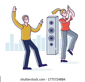 Young people dance on disco over speakers and equalizer background. Cartoon man and woman dance party, enjoy music in club or during celebration. Linear vector illustration