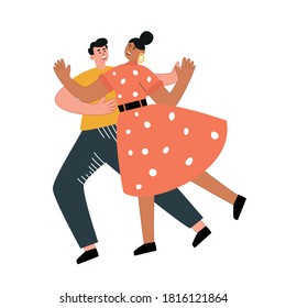 Young people dance in pairs at a music school-Studio. Training in modern dance. Cute vector illustration of dancing people