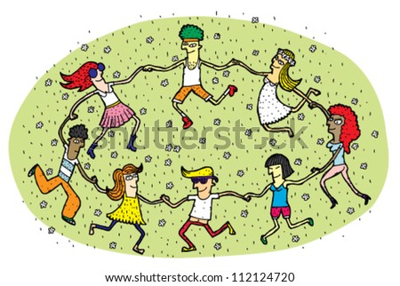 Young People Dancing in a Circle on Green Grass Field with Flowers