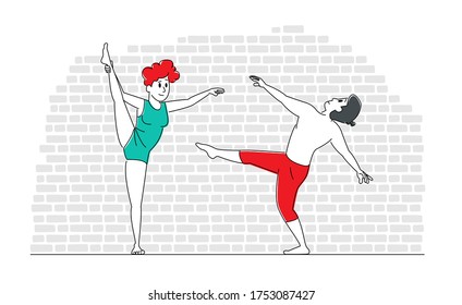 Jóvenes Bailando. Personajes de pareja de hombres y mujeres en ropa deportiva realizan acrobacias o ballet mueven elementos de cuerpo a ritmo musical. Hobby, descanso o esparcimiento. Ilustración de vectores lineales