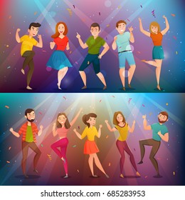 Young people dancing in disco lights 2 retro cartoon horizontal banners set colorful background isolated vector illustration 