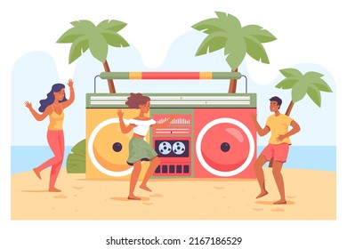 Young People Dancing In Front Of Giant Tape Recorder On Beach. Cartoon Characters Listening To Reggae Music Flat Vector Illustration. Jamaica, Party, Summer, Music Concept For Banner Or Landing Page