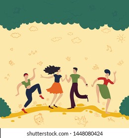 Young people dancing happily outdoors in warm colors