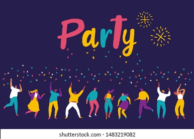 Young People Dancing And Have Fun. Party, Celebration, Event Horizontal Banner. Friendship. Student Party. New Year Party. Men And Women Flat Characters Isolated  On Dark Background.	