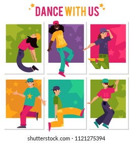 Young people dancing hip-hop banners set isolated on white background. Diversity men and women in bright clothes and hats doing modern movements of break dance in flat cartoon vector illustration.