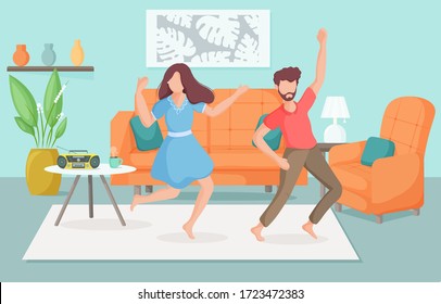 Jóvenes bailando en casa. La familia pasa tiempo juntos en una acogedora casa. Concepto de estancia en casa. Ilustración vectorial.