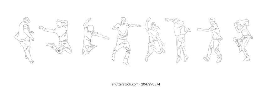 Young people dancing and jumping. Vector collection of exuberance positivity and youth.