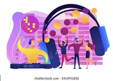 Young people dancing in night club, listening to music, DJ concert. Silent disco, headphones party, quiet rave party, silent disco equipment concept. Bright vibrant violet vector isolated illustration