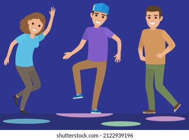 Young people dancing in night club. Celebration party, fun activity, feeling excited concept. Cartoon characters moving rhythmically to music. Men and woman dancing at party vector illustration