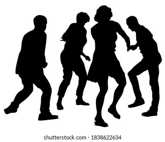 Young people are dancing in a nightclub. Isolated silhouettes on white background