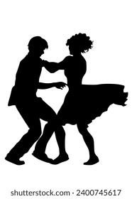 Young people are dancing in a nightclub. Isolated silhouettes on white background