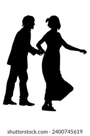 Young people are dancing in a nightclub. Isolated silhouettes on white background