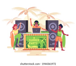 Young people dancing on the beach at a seaside party. Musical instruments on the sand under palm trees. DJ play music in beach party, loudness from Loud speaker, vector illustration flat design.