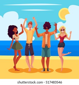 Young people dancing on the beach, cartoon style vector illustration. Young men and women, teenagers, boys and girls dancing at a seaside party in beach clothes on a wonderful sunny day