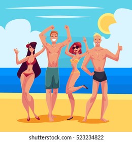 Young People Dancing On The Beach In Swimming Suits And Shorts, Cartoon Style Vector Illustrations Isolated On White Background. Young Men And Women, Boys And Girls Dancing At A Beach Party